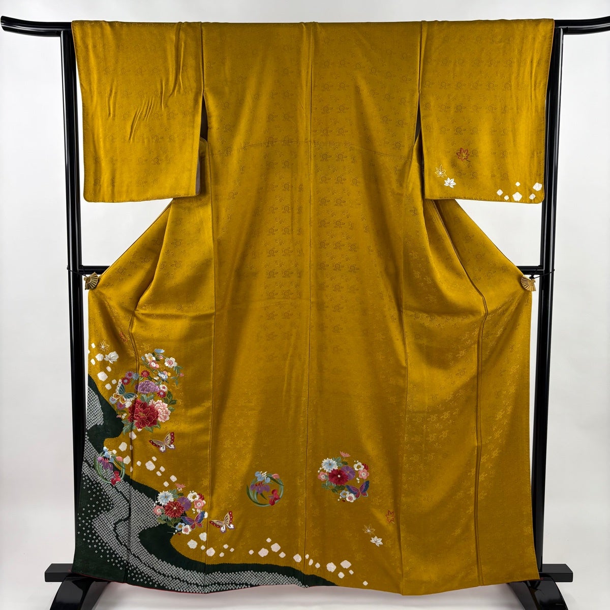 付下げ 身丈165cm 裄丈66cm M 袷 鳳凰 花丸文 螺鈿 刺繍 山吹茶色 正絹