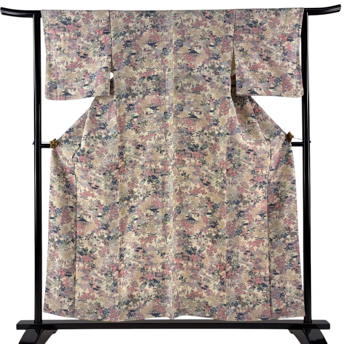 小紋 身丈155cm 裄丈63cm S 袷 建物 草花 ぼかし 灰色 正絹 優品｜中古