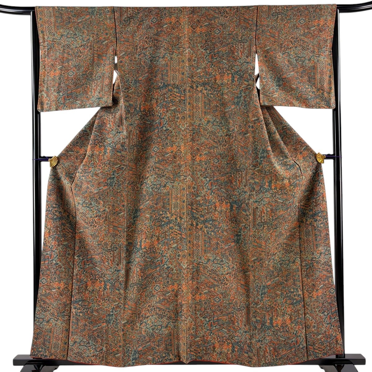 小紋 身丈157.5cm 裄丈65.5cm M 袷 草花 動物 縮緬 深緑 正絹 秀品