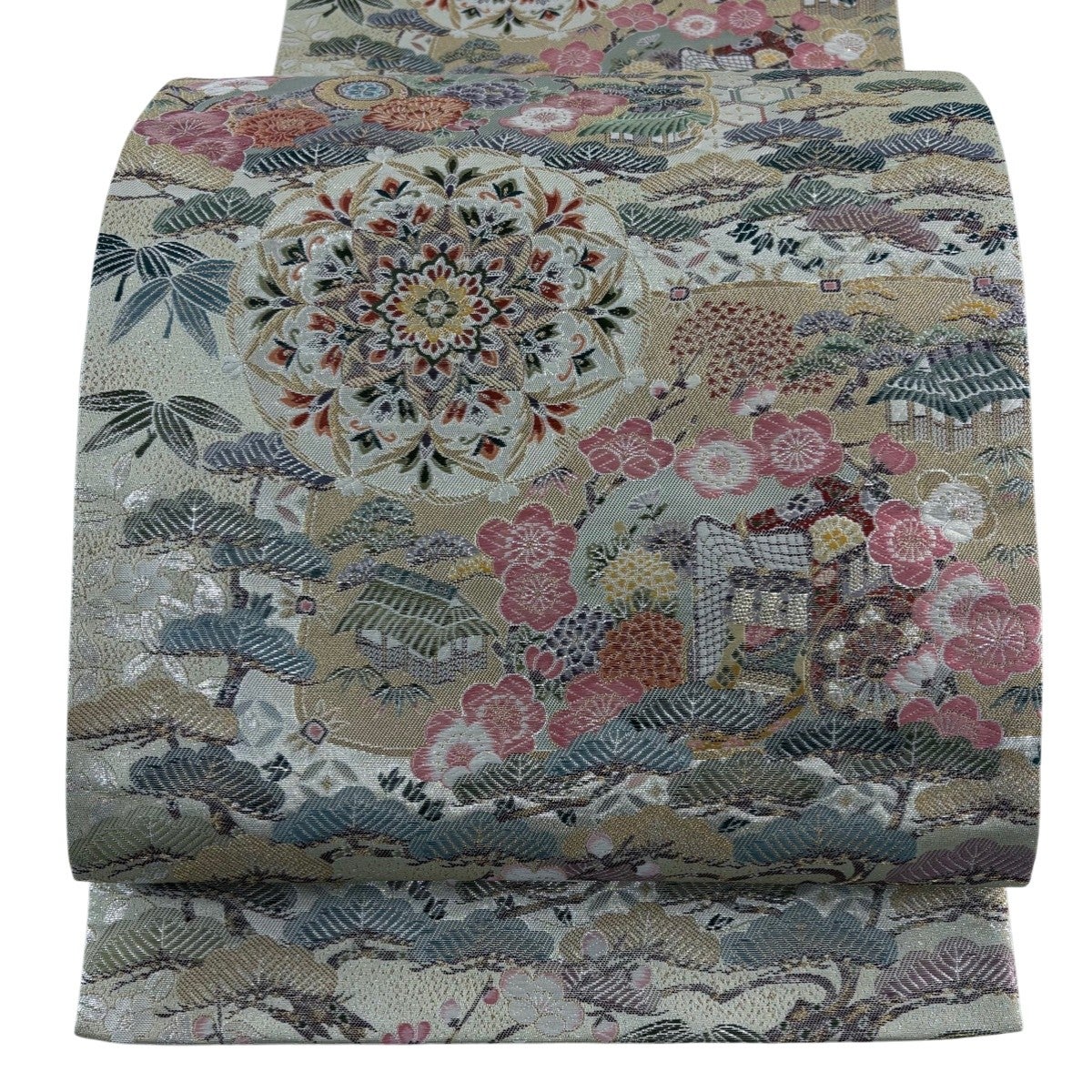美品】 袋帯 名品 落款あり 野村一峰 黄櫨染 雪輪 松竹梅 箔 青灰色 全