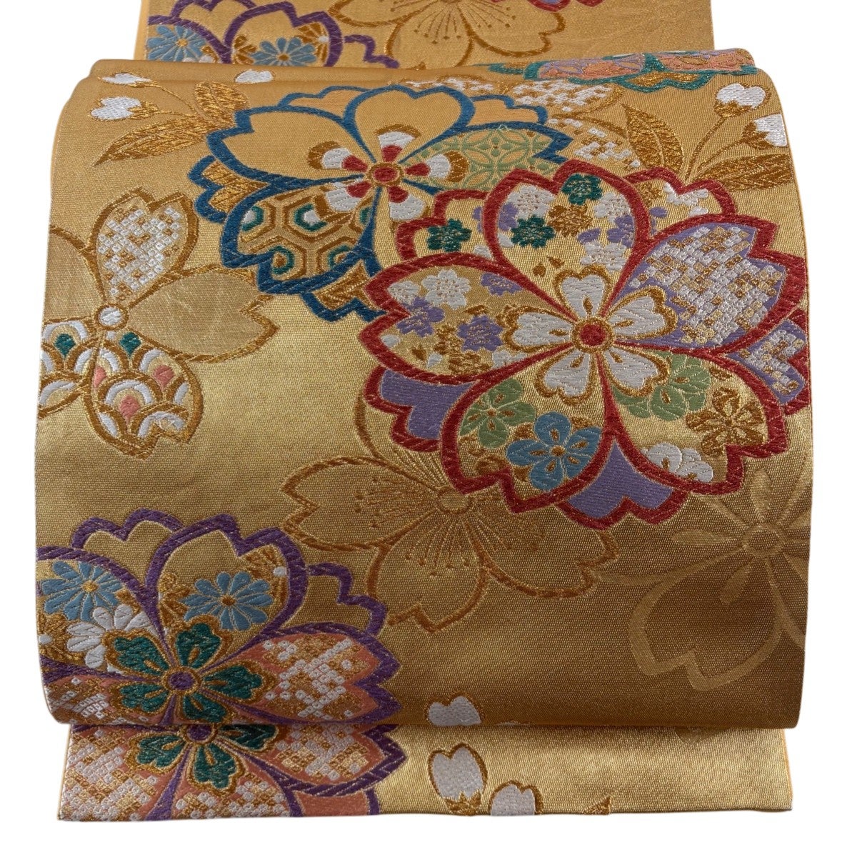 ☆デジデジ☆袋帯 草花文 刺繍 金糸 六通 正絹 袋帯 秀品 菱 草花 金糸 唐織 金色 六通 正絹｜中古・古着・リサイクル