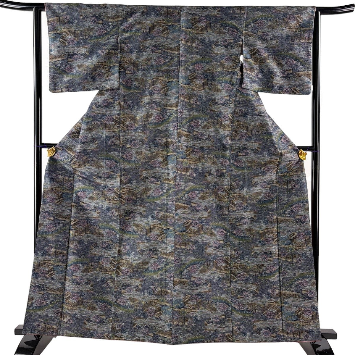 紬 身丈163cm 裄丈64.5cm M 袷 横縞 紺色 正絹 優品｜中古・古着