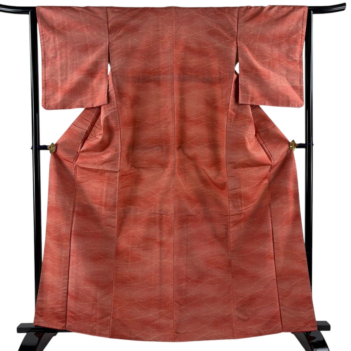 b658 綿麻　縮み　夏用　紬　バチ衿　極美品　着物 美品】 小紋 身丈164cm 裄丈63.5cm S 袷 紬地 バチ衿 芝 ぼかし 茜色