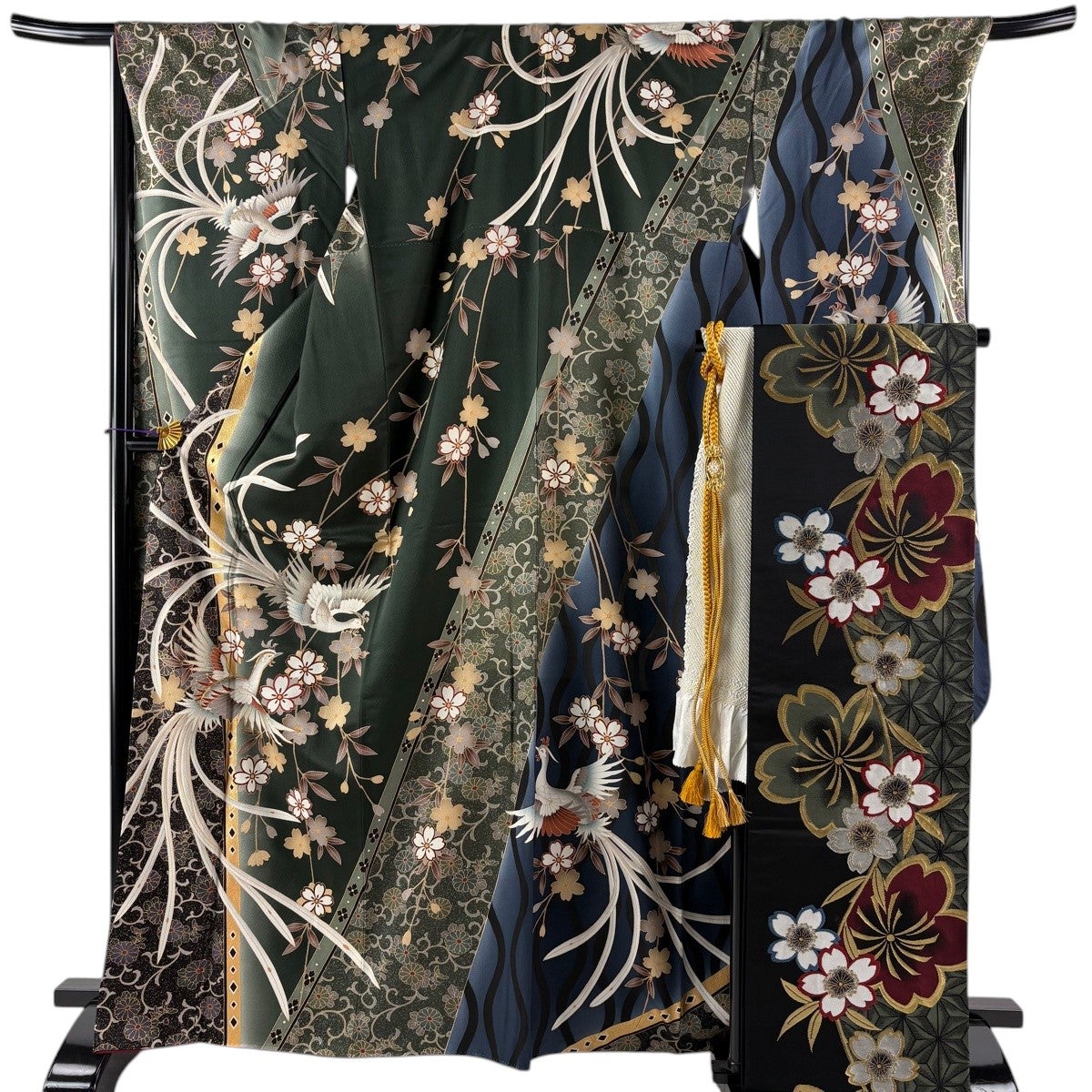 振袖 身丈166.5cm 裄丈68.5cm L 袷 袋帯フルセット 鳥 桜 金糸 金彩
