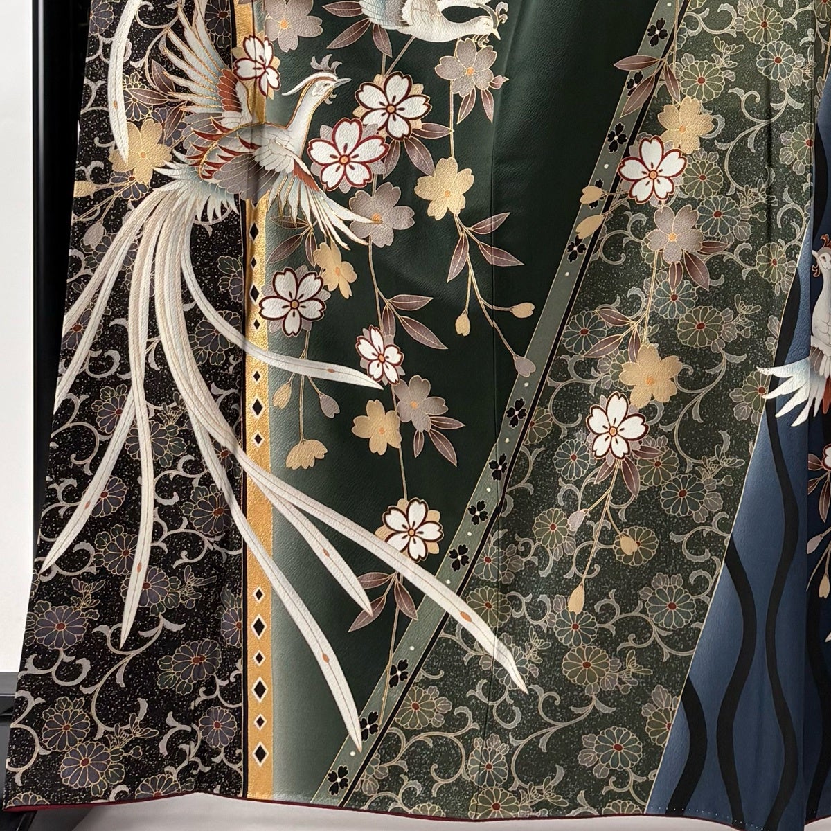 振袖 身丈166.5cm 裄丈68.5cm L 袷 袋帯フルセット 鳥 桜 金糸 金彩