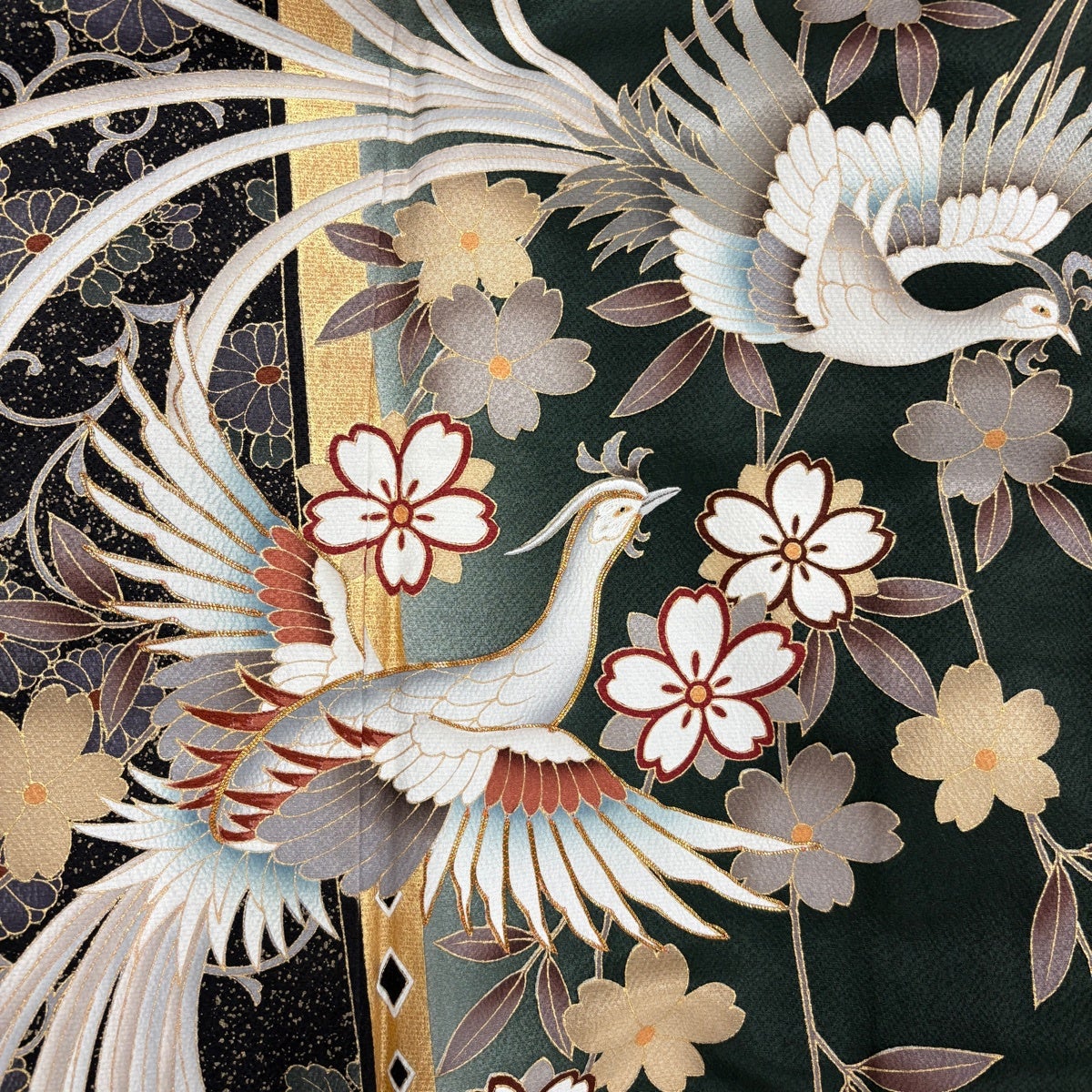 振袖 身丈166.5cm 裄丈68.5cm L 袷 袋帯フルセット 鳥 桜 金糸 金彩