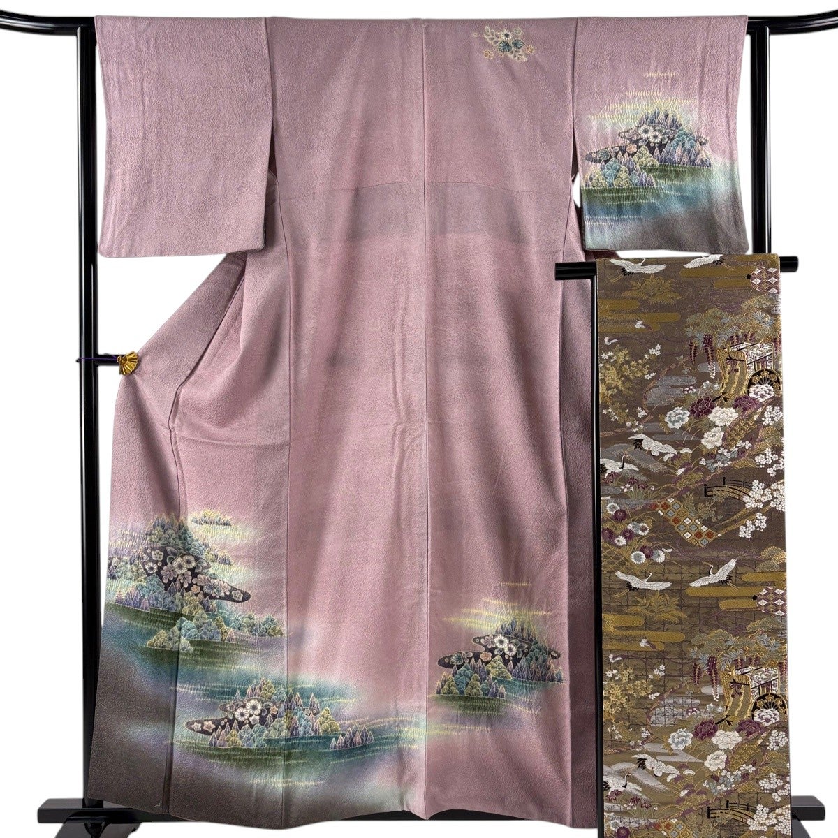 美品】 訪問着 身丈167cm 裄丈66cm M 袷 袋帯セット 辻が花柄 抹茶色