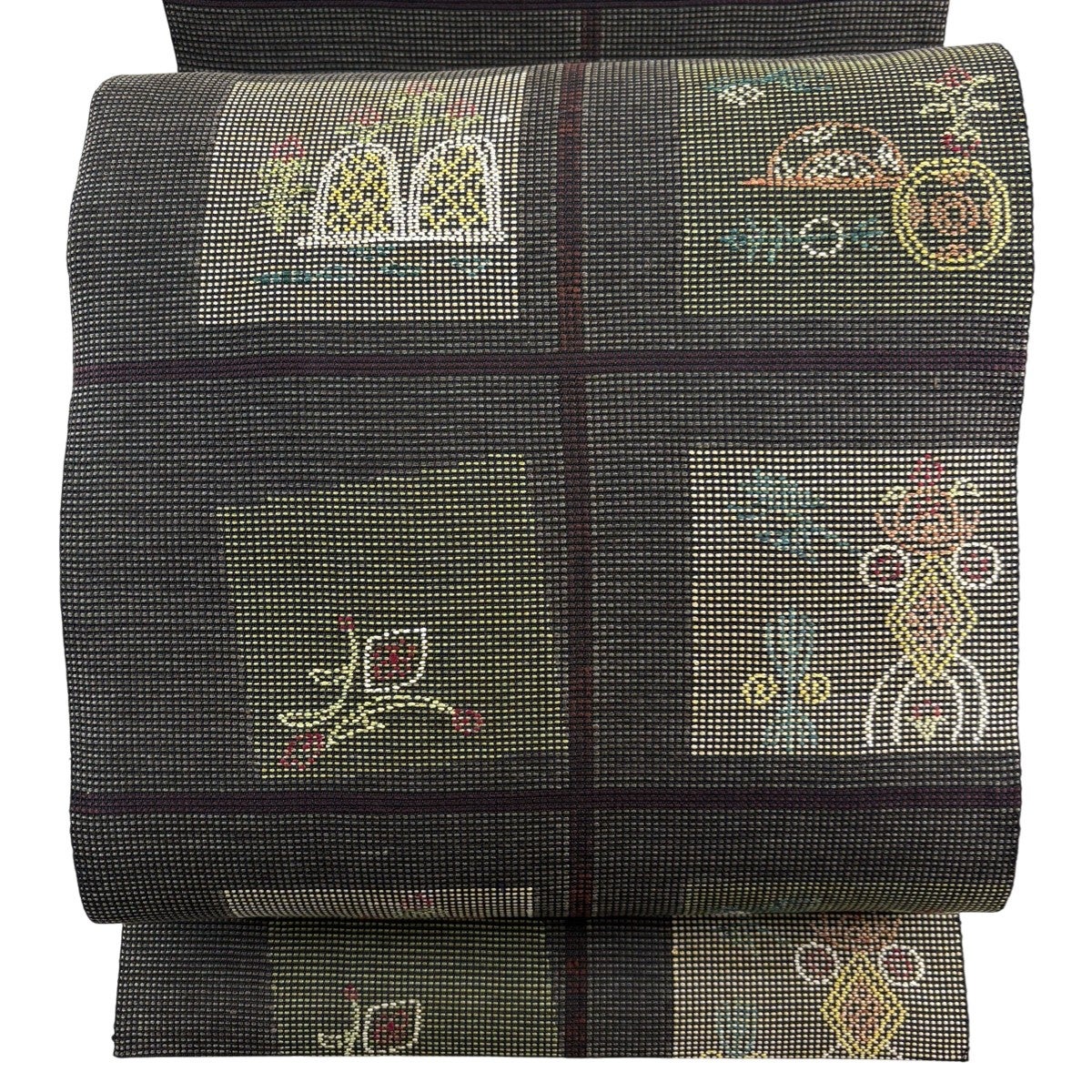 美品】 名古屋帯 秀品 八寸名古屋帯 松葉仕立て 幾何学模様 草花 灰緑