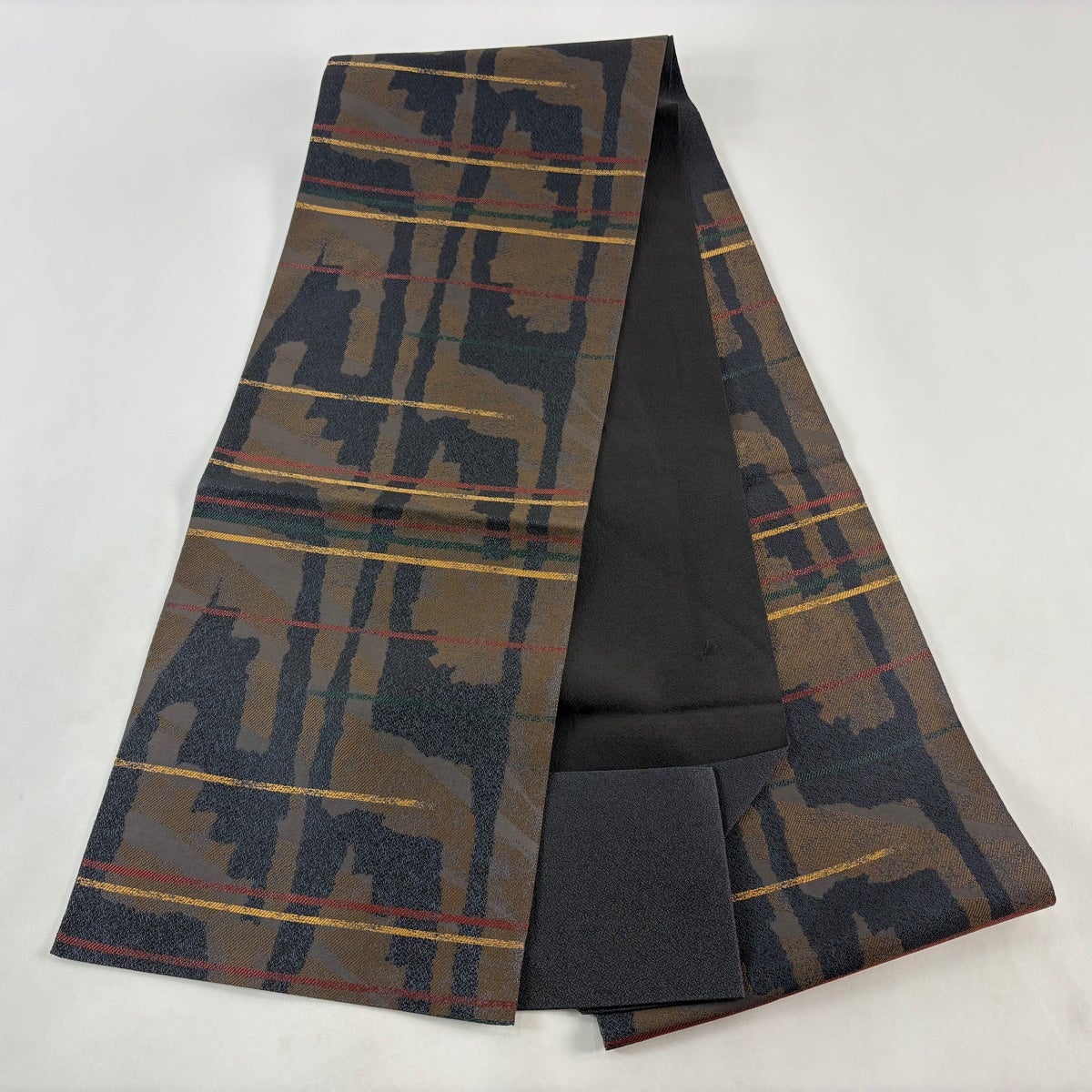 美品】 名古屋帯 秀品 八寸名古屋帯 松葉仕立て 幾何学模様 茶色 正絹