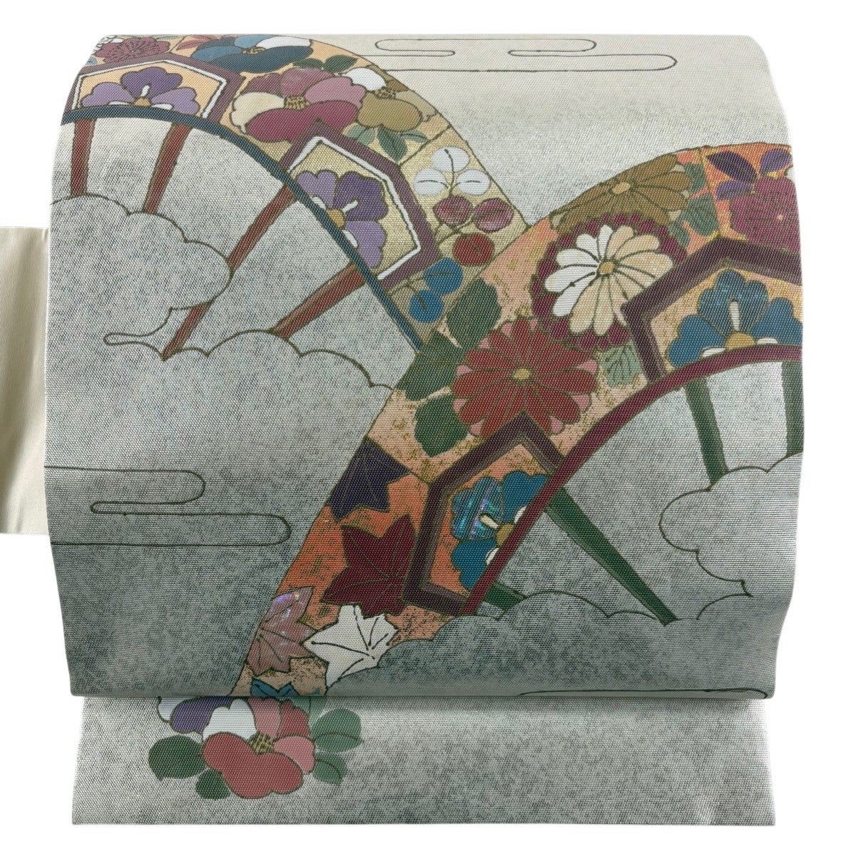 名古屋帯 秀品 落款あり 片輪車 草花 金銀彩 箔 銀色 正絹｜中古・古着