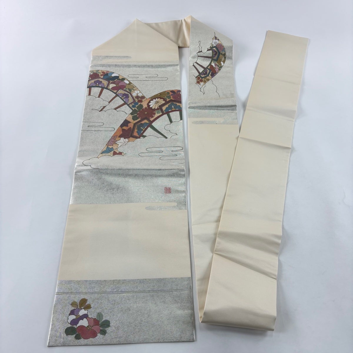 名古屋帯 秀品 落款あり 片輪車 草花 金銀彩 箔 銀色 正絹｜中古・古着