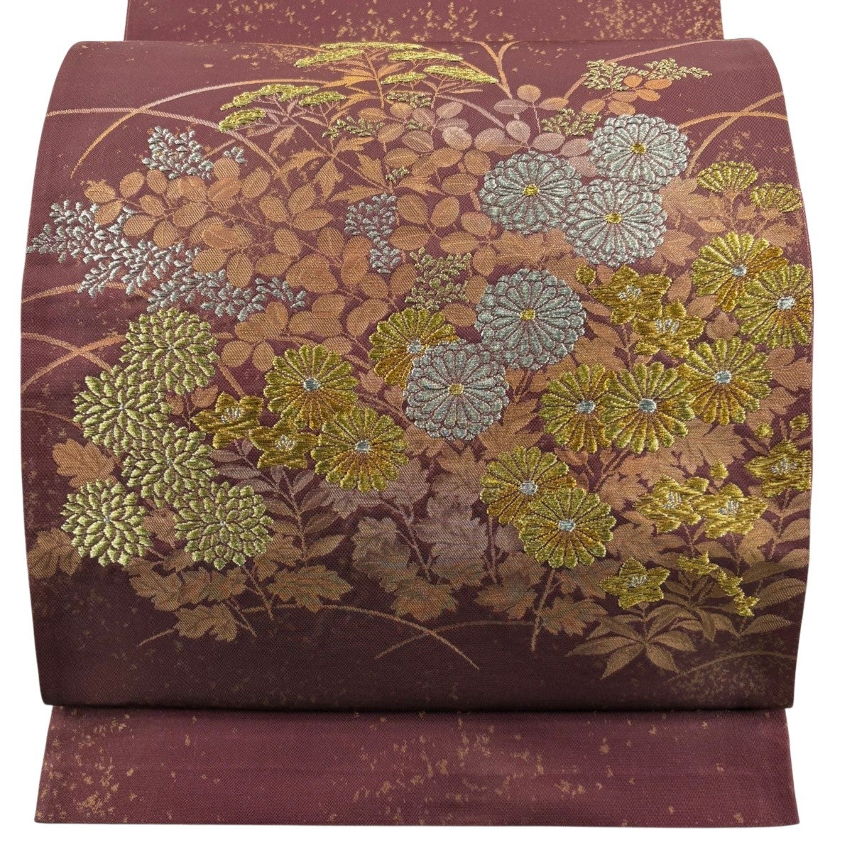 美品】 袋帯 秀品 鳥 菊 金銀糸 刺繍 ベージュ お太鼓柄 正絹｜中古