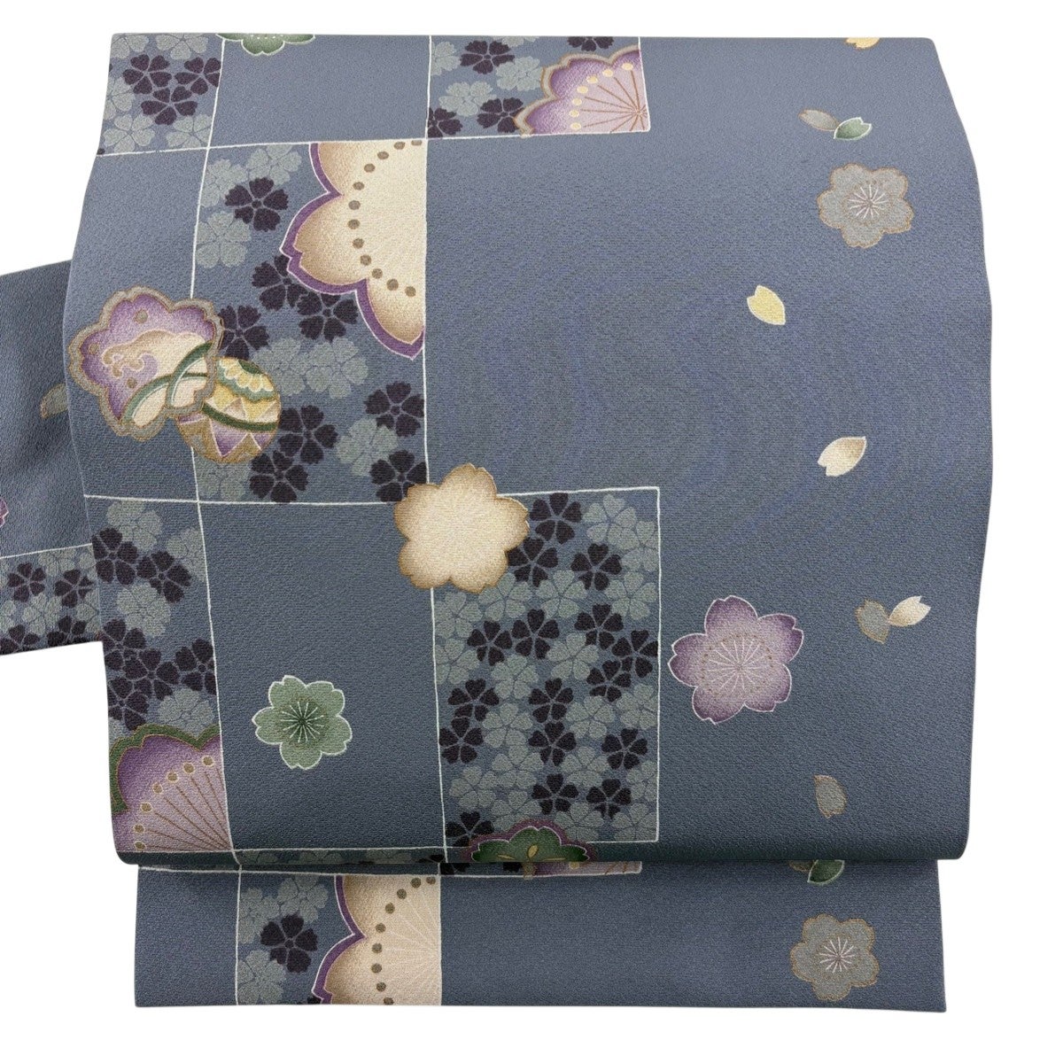 名古屋帯 名品 桜 変わり市松 金彩 灰紫 正絹｜中古・古着・リサイクル