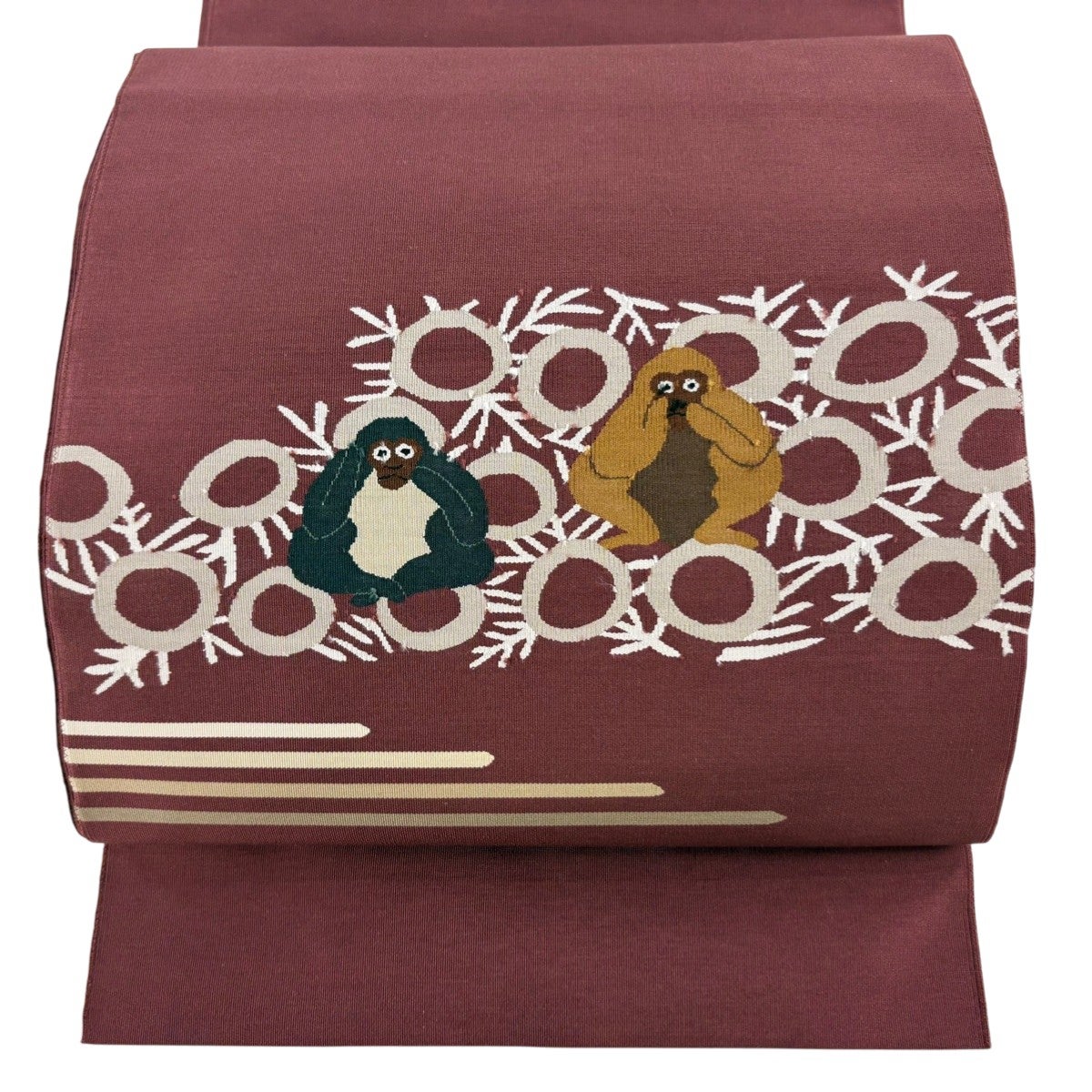 名古屋帯 名品 松葉仕立て 八寸名古屋帯 動物 霞 小豆色 正絹｜中古