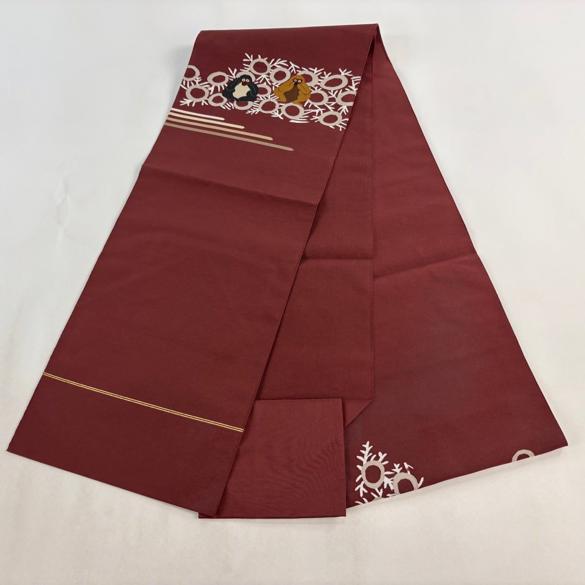 名古屋帯 名品 松葉仕立て 八寸名古屋帯 動物 霞 小豆色 正絹｜中古