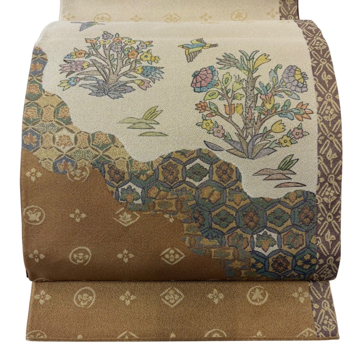 袋帯 名品 落款あり 手彫木版染 花鳥 七宝 金糸 ベージュ お太鼓柄