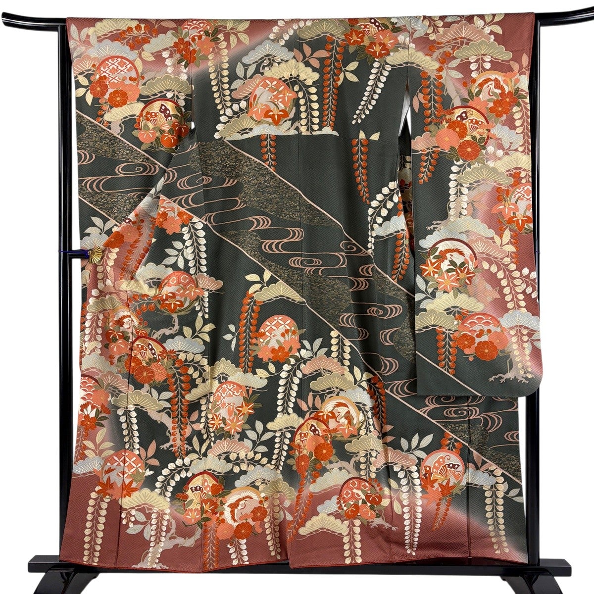 ★専用★美品 振袖 緑 枝梅 雲取 流水 金彩加工 身丈160cm お洒落 振袖 身丈155cm 裄丈63.5cm S 袷 蝶 草花 金彩 染め分け 深緑 正絹 美