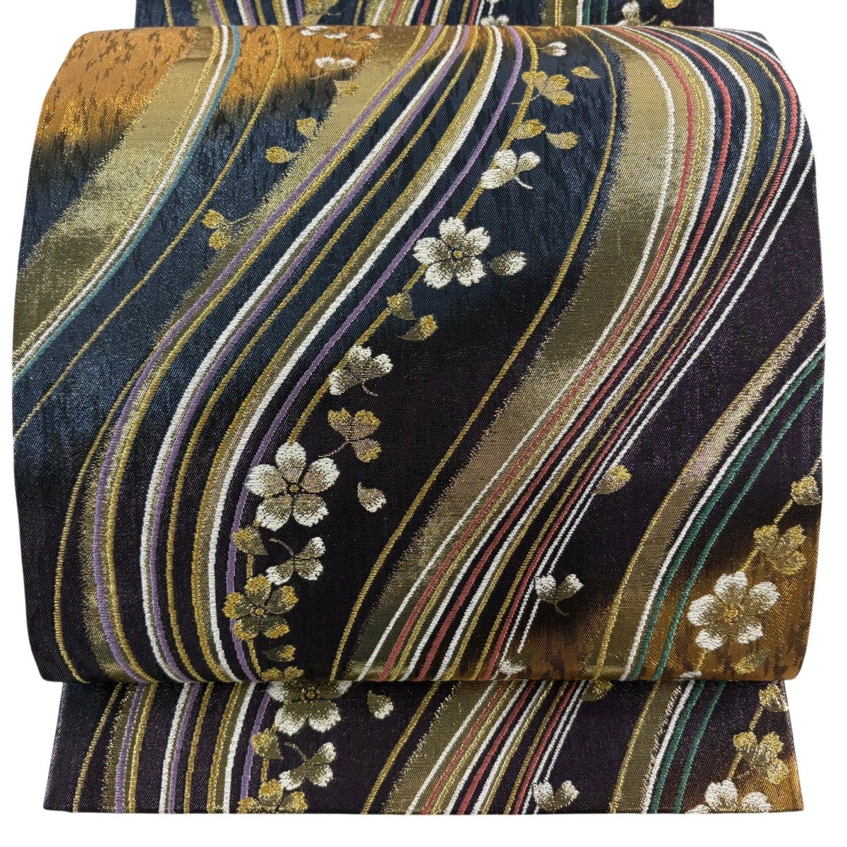 美品】 袋帯 秀品 桜 花弁 箔 金糸 紫 六通 正絹｜中古・古着