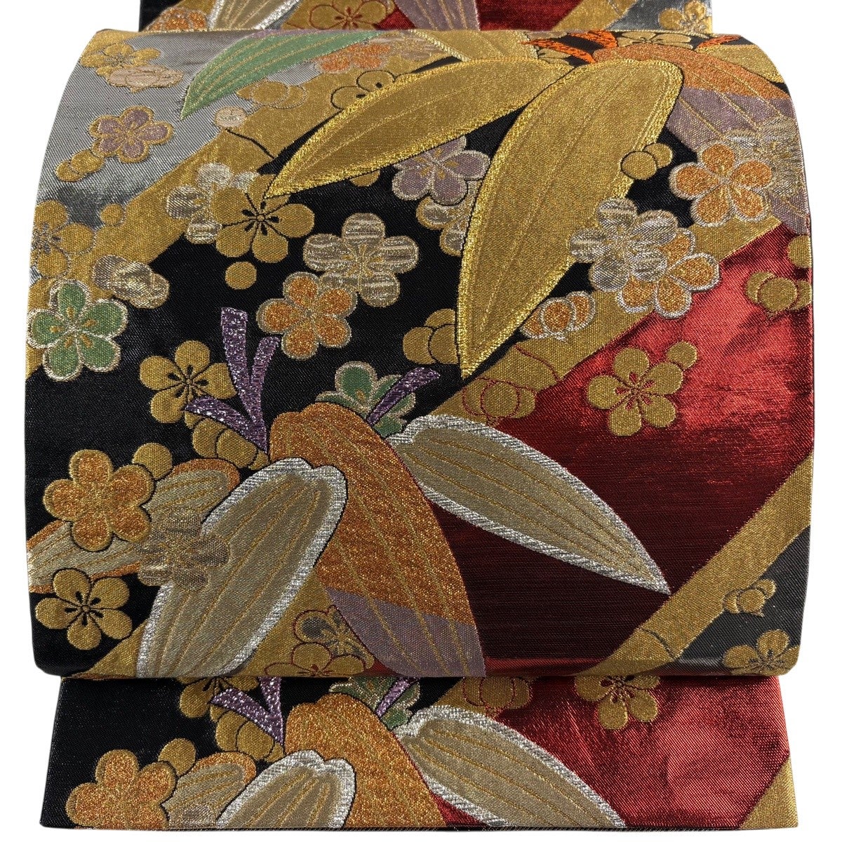 最終価格】 70%OFF 袋帯 秀品 梅 笹 金糸 刺繍 金色 六通 正絹 K70 