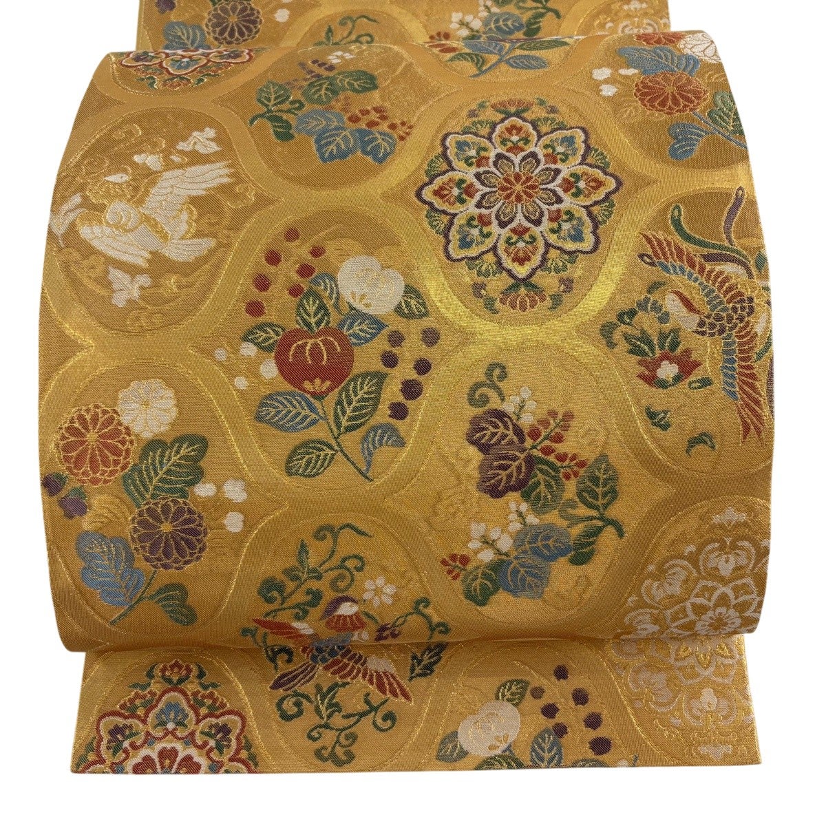 美品】 袋帯 名品 華文 花唐草 金糸 ベージュ 六通 正絹｜中古・古着