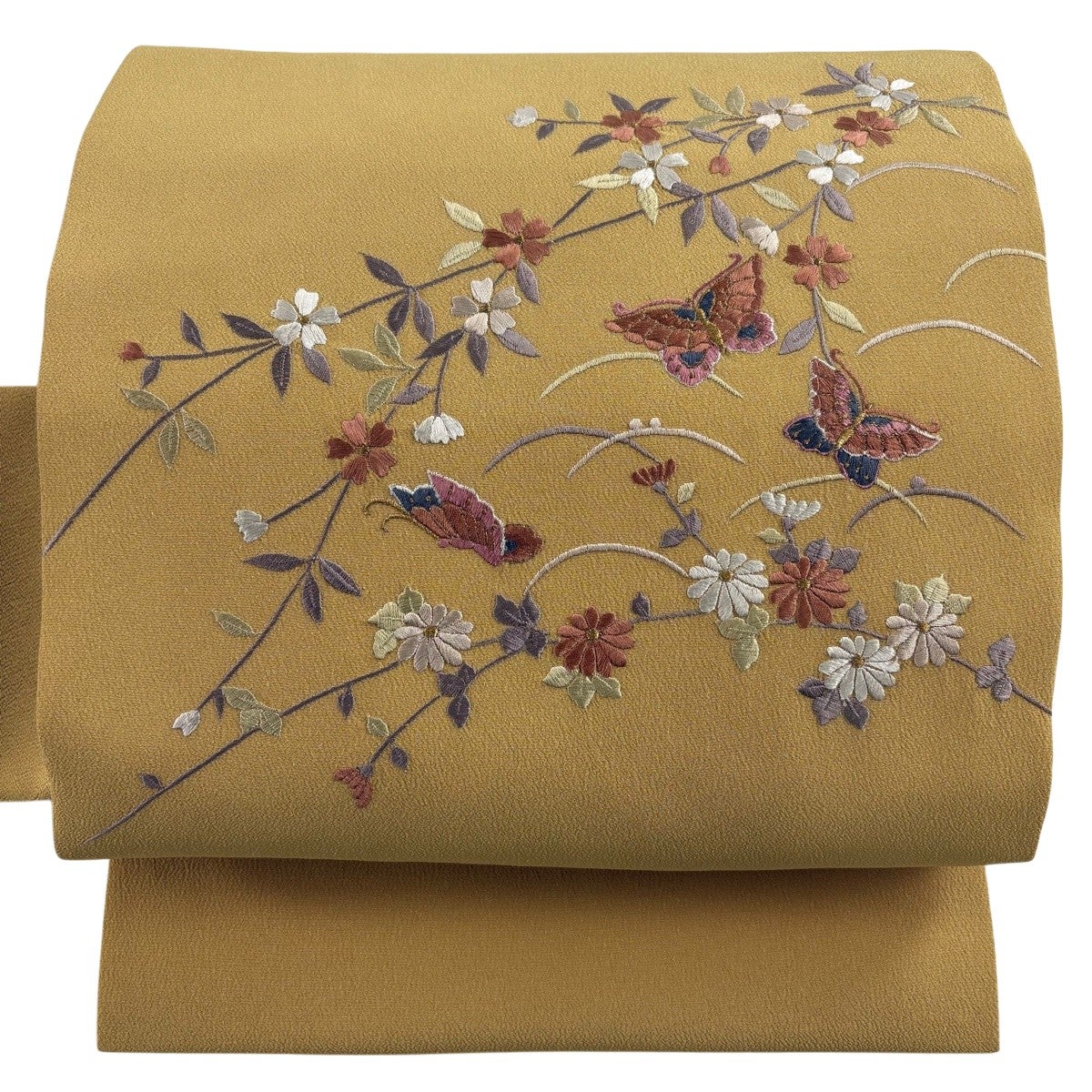 名古屋帯 秀品 紬地 花器 相良刺繍 茜色 正絹｜中古・古着・リサイクル