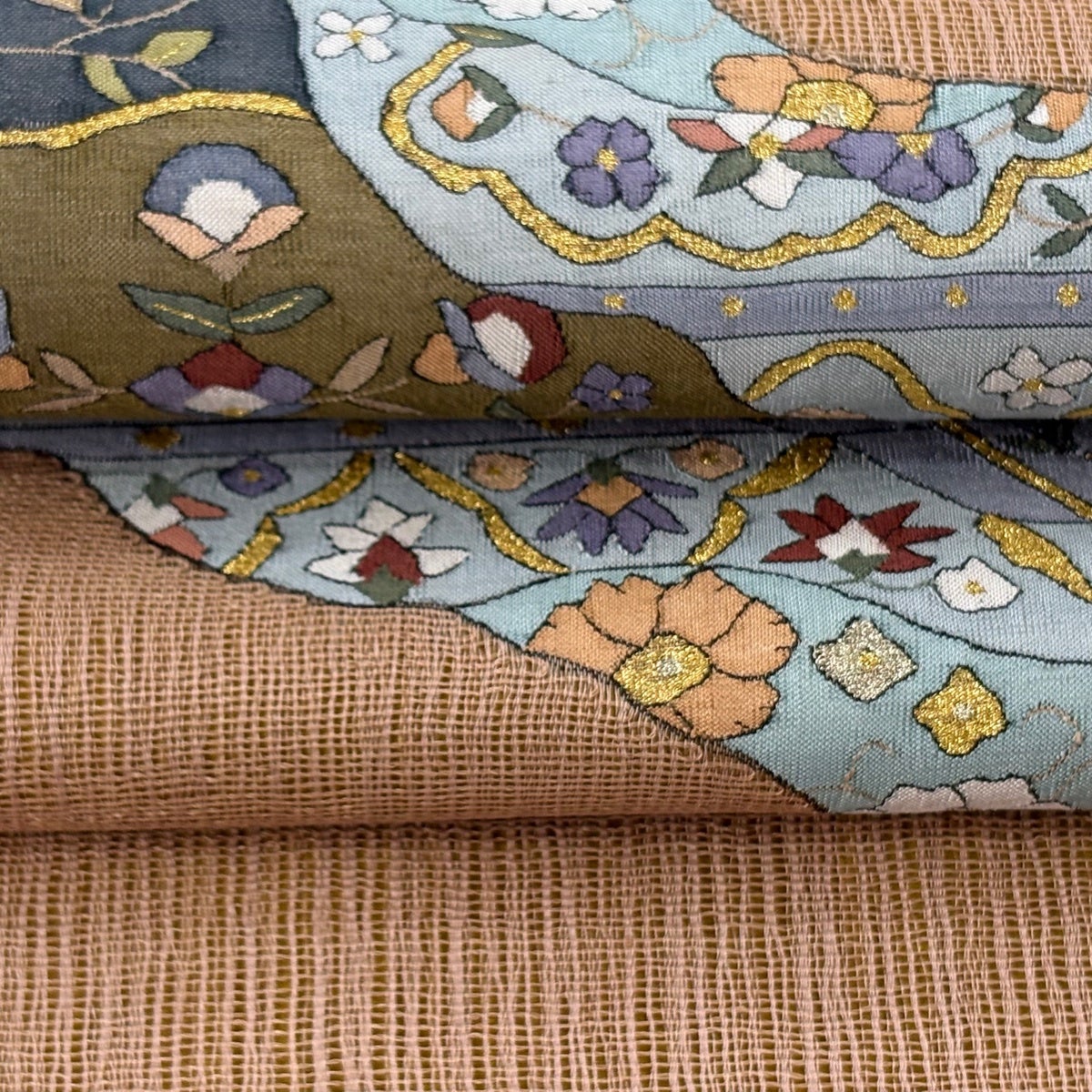 袋帯 逸品 夏帯 華文 草花 金糸 茶色 お太鼓柄 正絹｜中古・古着