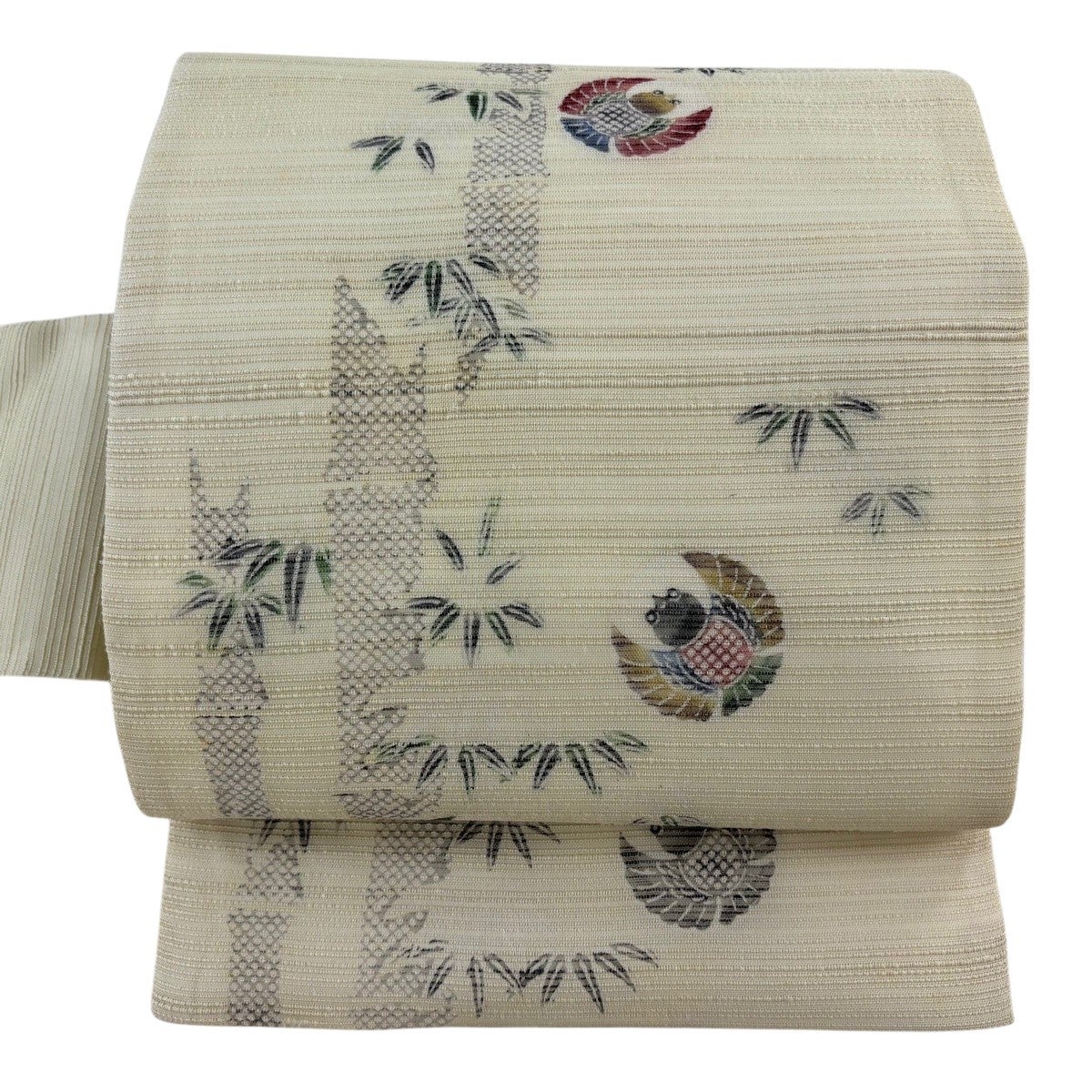 ゲリラSALE開始！逸品 川島草苑 正絹 夏帯 名古屋帯 名古屋帯 逸品 落款あり 川島草苑 夏帯 竹 雀 薄黄 正絹｜中古・古着