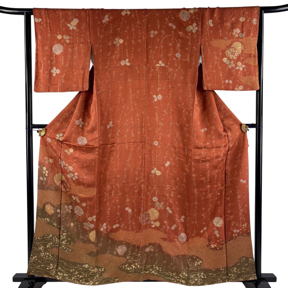 訪問着 身丈158.5cm 裄丈64.5cm M 袷 冊子 枝垂れ桜 金糸 金彩 鶯色
