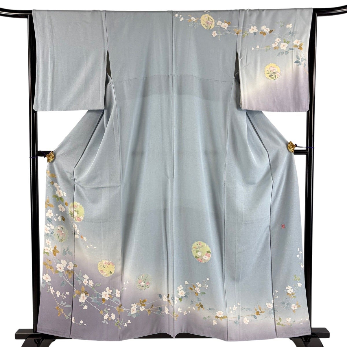 訪問着◆遠山芝草枝花文◆量し染め水色正絹 訪問着 身丈159cm 裄丈65cm M 袷 落款あり 草花 芝 ぼかし 水色 正絹