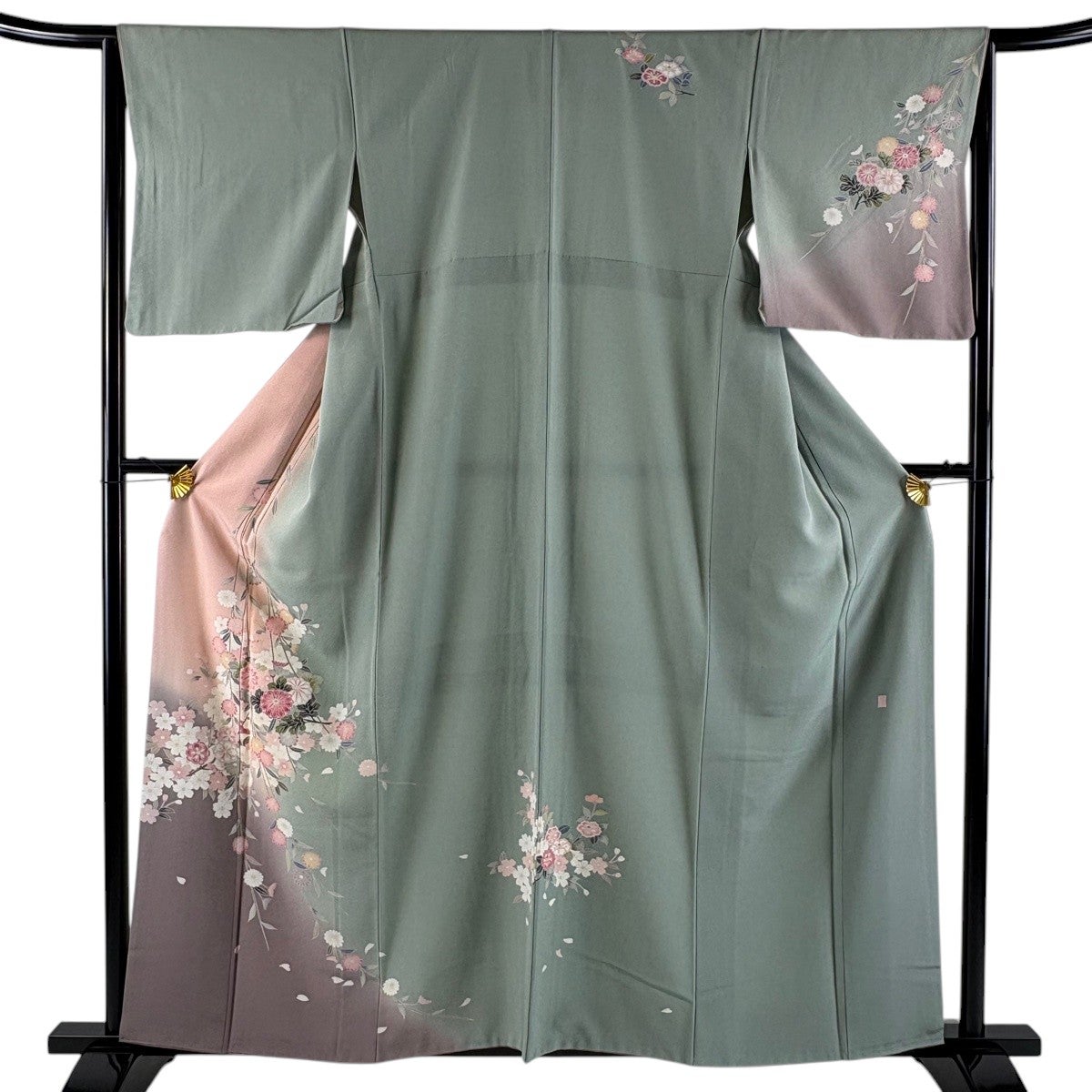訪問着 身丈162cm 裄丈64cm M 袷 鎌倉文 桜 金彩 ぼかし 灰色 正絹 秀