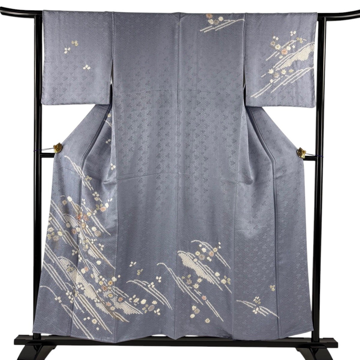 付下げ 身丈153.5cm 裄丈64cm M 袷 向かい鳥菱 枝梅 刺繍 金糸 濃紫