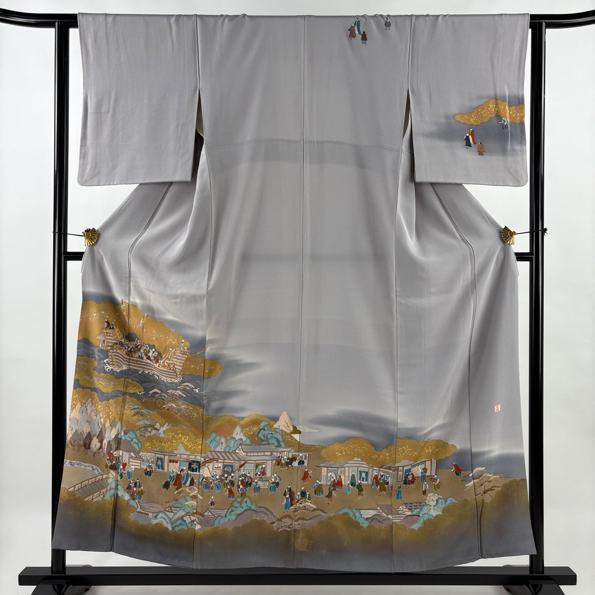 訪問着 身丈156cm 裄丈61.5cm S 袷 落款あり 人物 船 金糸 金銀彩 灰紫