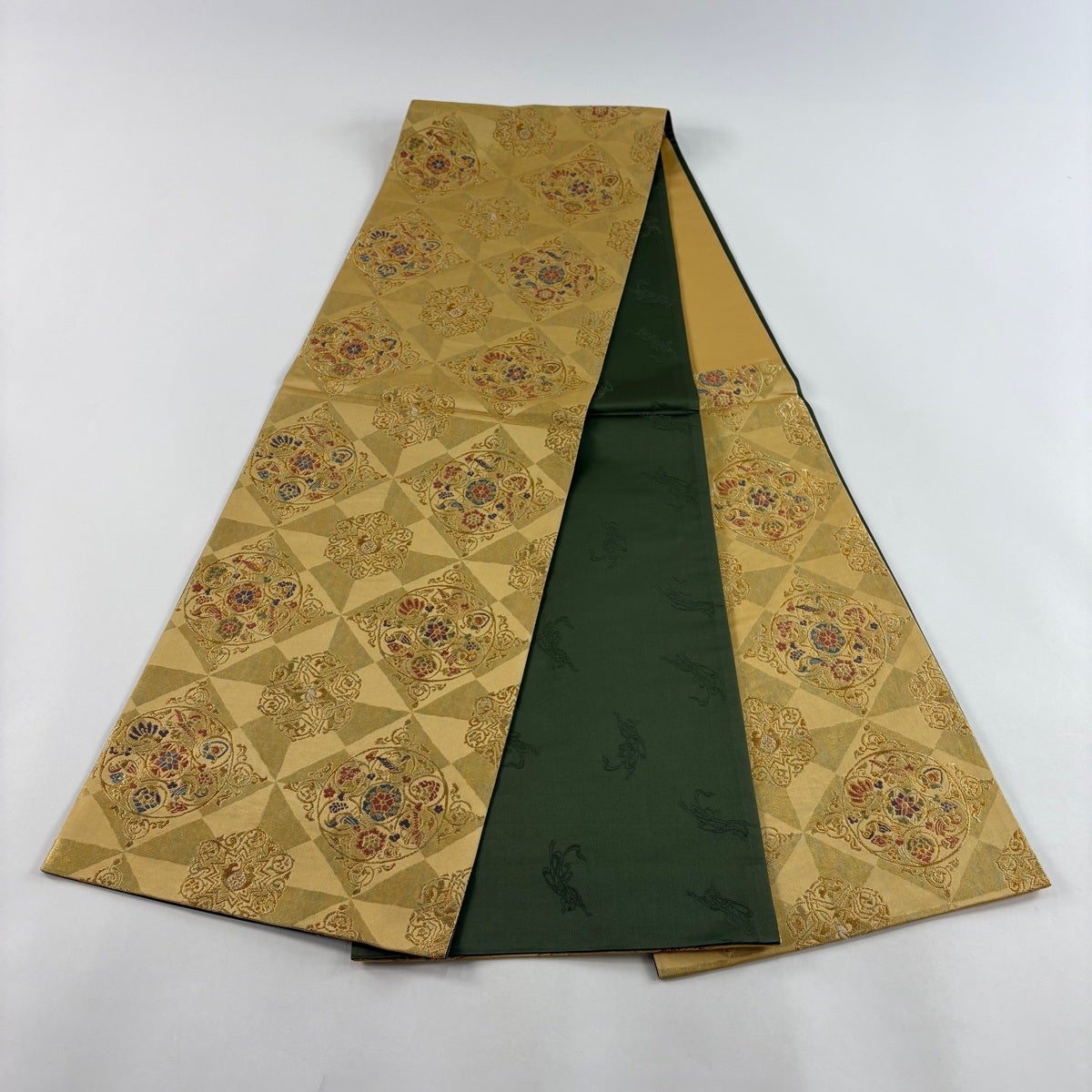 美品】 袋帯 名品 華文 鳥 金糸 箔 黄土色 六通 正絹｜中古・古着