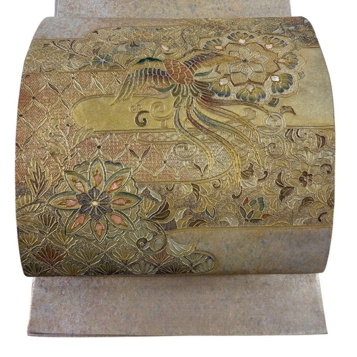 袋帯 名品 鳳凰 華文 螺鈿 金彩 金色 お太鼓柄 正絹｜中古・古着