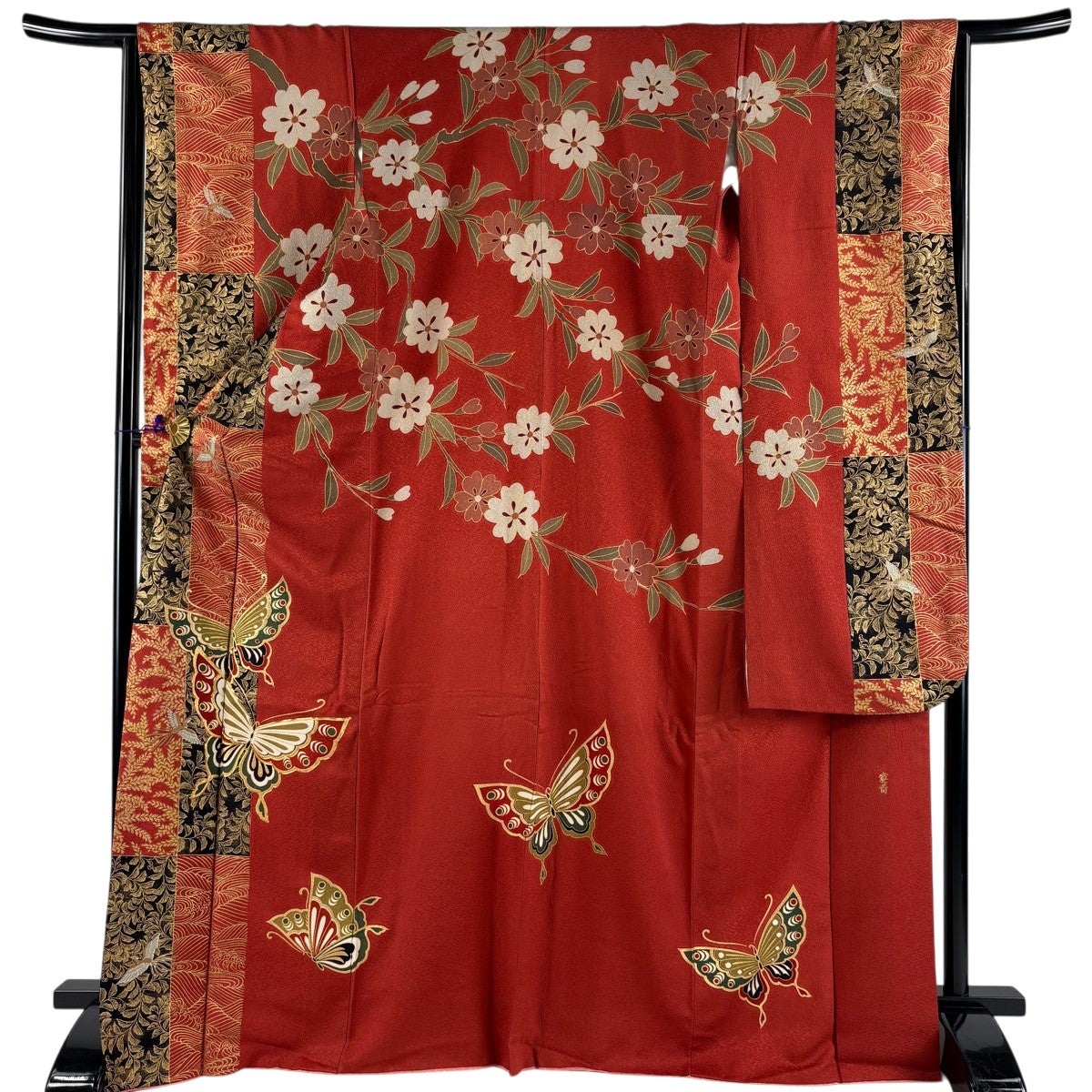 振袖 身丈156cm 裄丈66cm M 袷 丸文 蝶 金糸 金彩 朱色 正絹 秀品