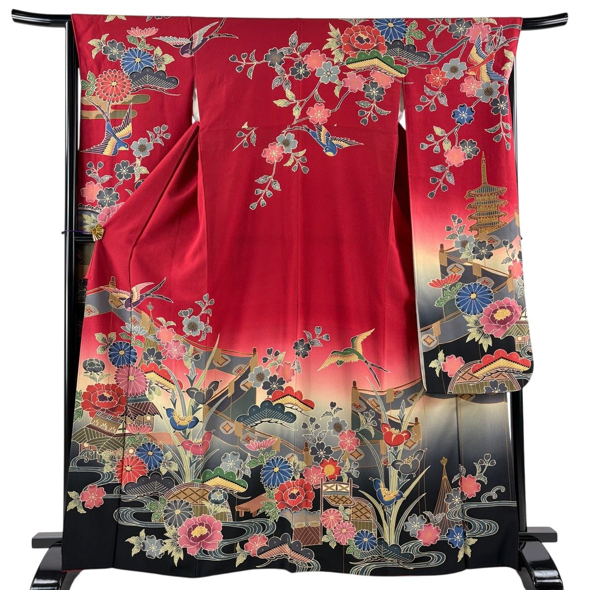 振袖 身丈166cm 裄丈69cm L 袷 落款 草花 金彩 金通し 赤紫 正絹 名品