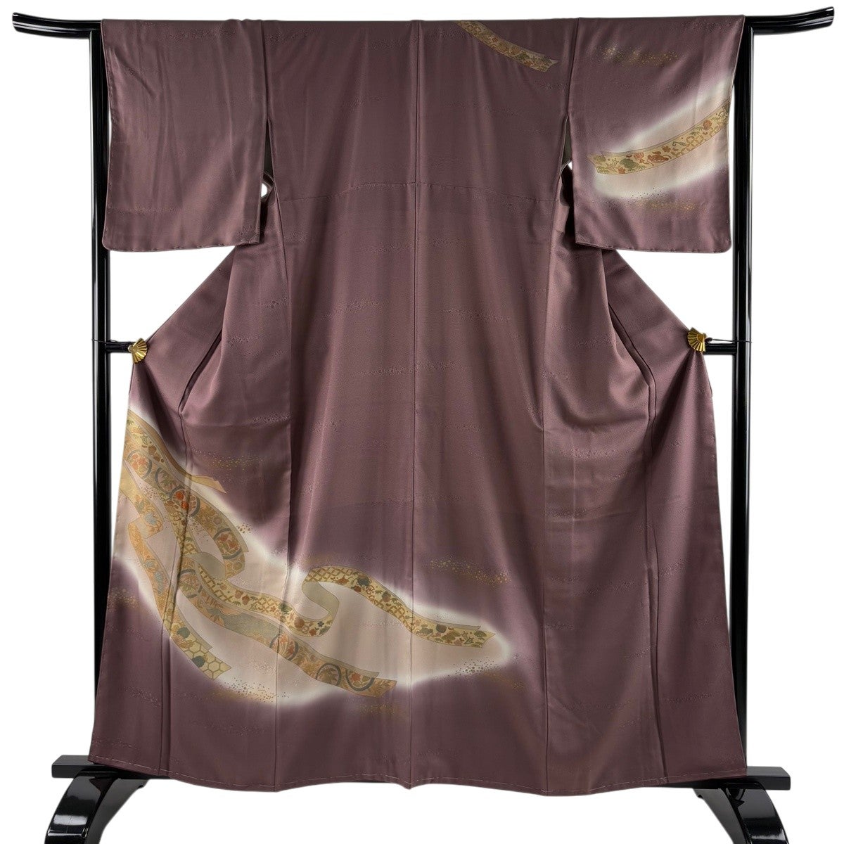 訪問着 身丈159cm 裄丈65cm M 袷 霞 草花 縮緬 緑 正絹 名品｜中古