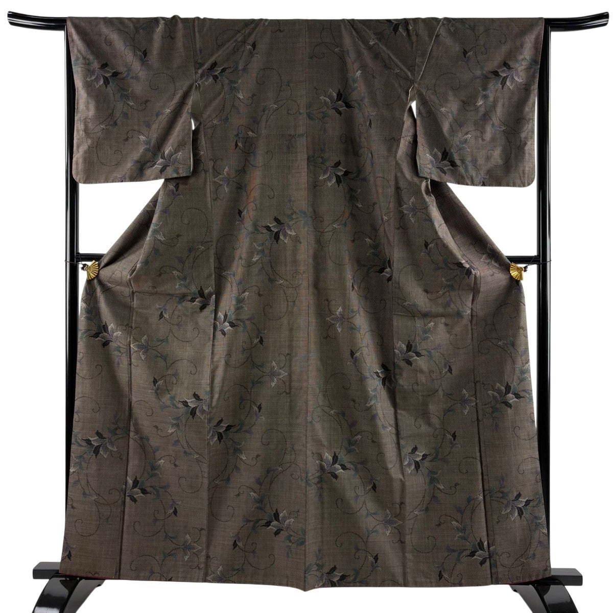 紬 身丈154cm 裄丈63cm S 単衣 花唐草 縦縞 薄紫 正絹 秀品｜中古