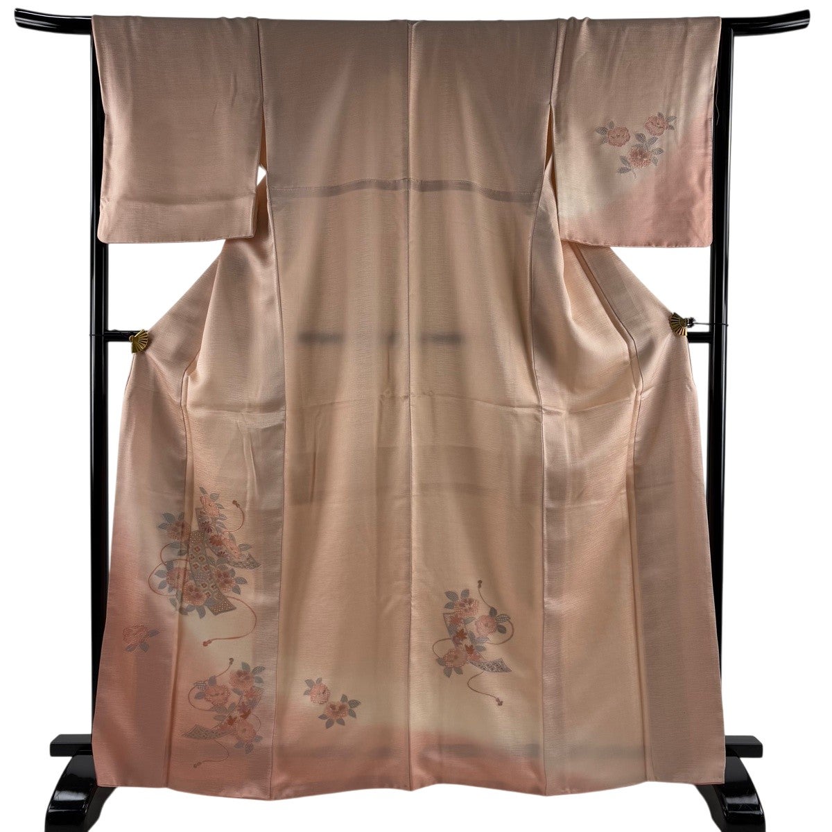 美品】 訪問着 身丈165cm 裄丈64cm M 袷 紬地 枝葉 薄ピンク 正絹 秀品