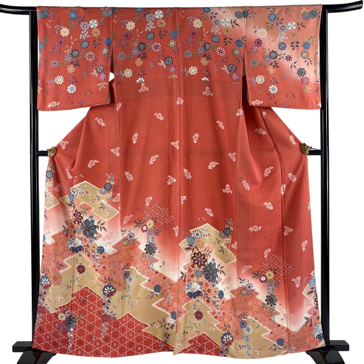 美品 訪問着 身丈159.5cm 裄丈64cm M 袷 草花 松皮菱 金彩
