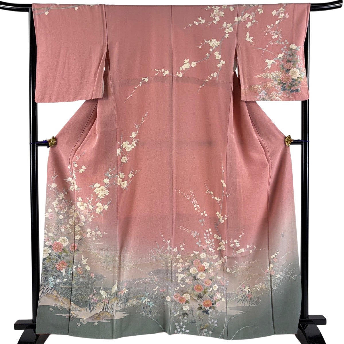 美品】 訪問着 身丈153cm 裄丈64cm M 袷 雲文 草花 絞り サーモン