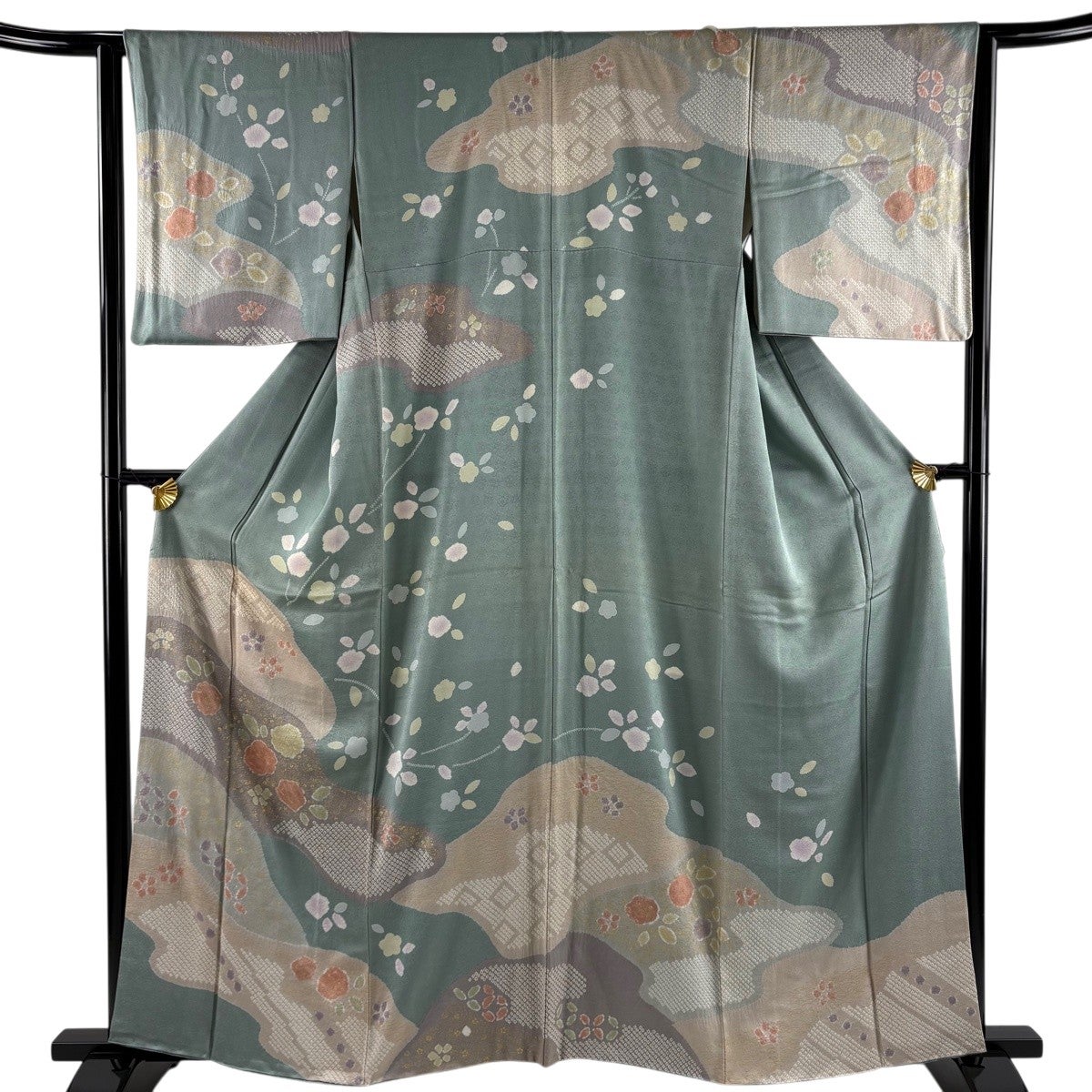 訪問着 身丈156.5cm 裄丈64.5cm M 袷 辻ヶ花柄 金通し 金彩 灰緑 正絹