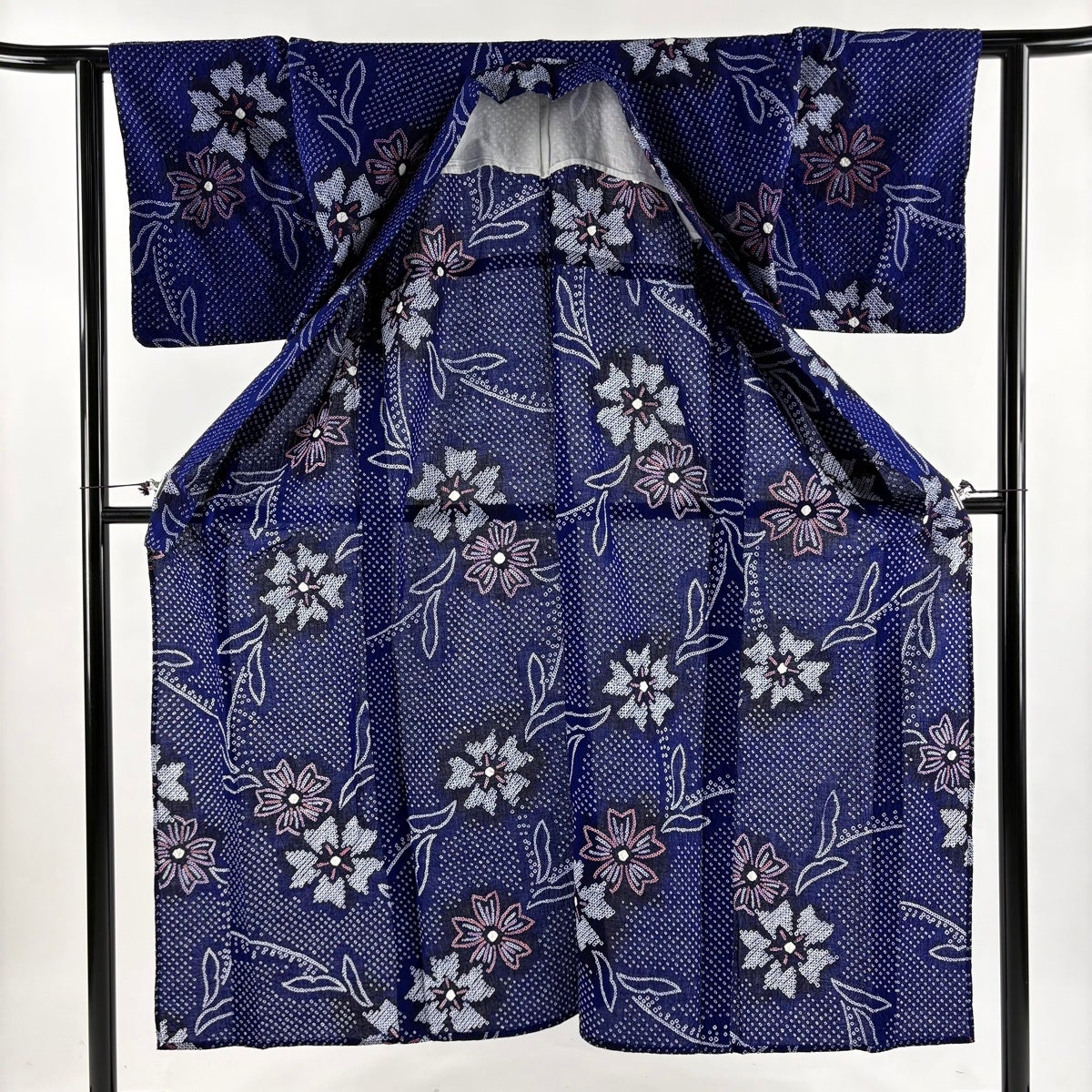 浴衣 身丈149cm 裄丈61.5cm S 絞り浴衣 草花 藍色 綿 名品｜中古・古着