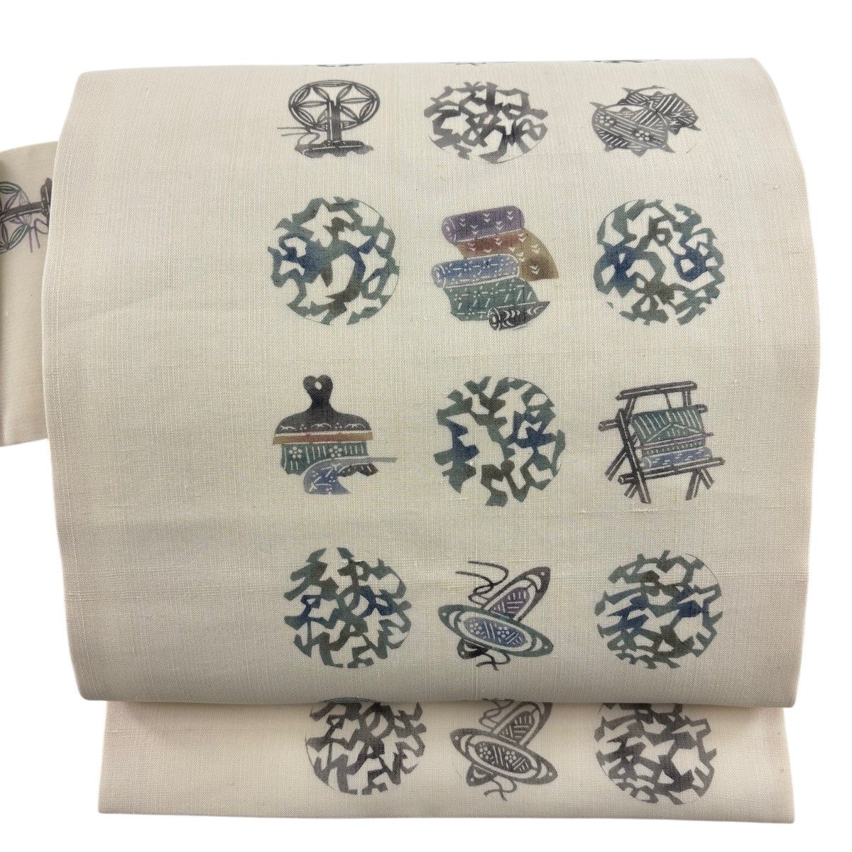名古屋帯 名品 落款あり 夏帯 糸巻き 幾何学模様 クリーム 正絹｜中古