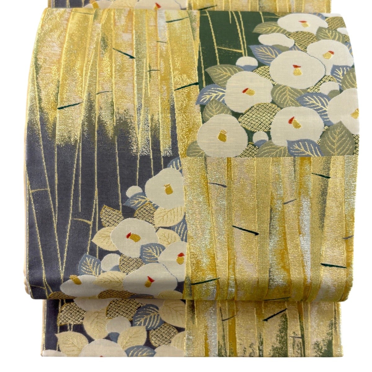 袋帯 秀品 椿 菊 金糸 箔 金色 六通 正絹 中古 袋帯 秀品 桜