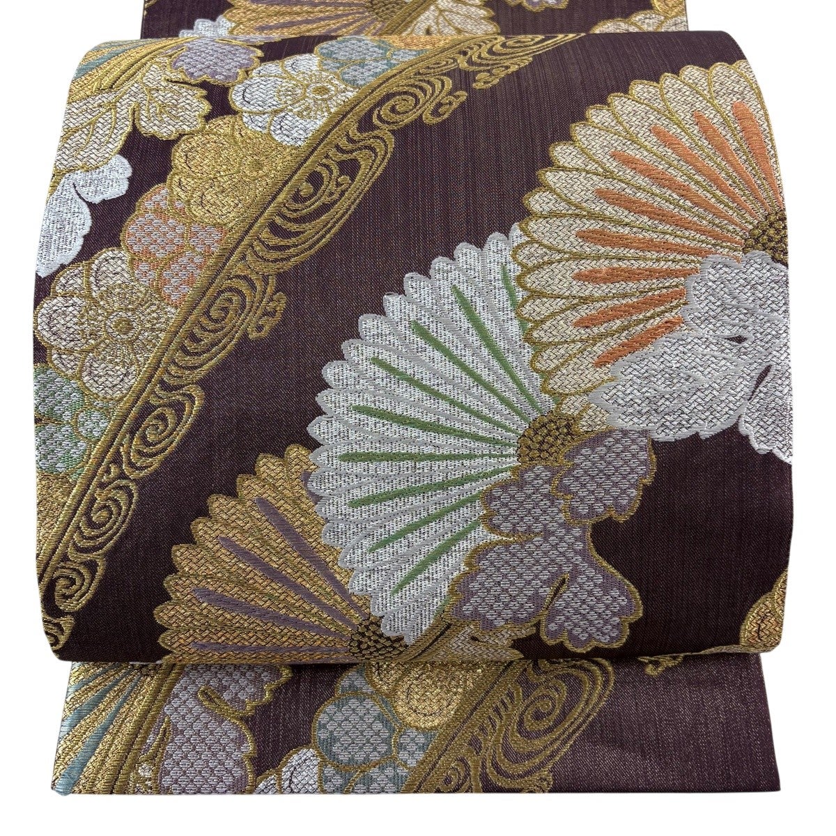 袋帯 六通 箔 秀品 金銀糸 正絹 焦茶色 美品 中古 流水 菊 K50 斜め菊