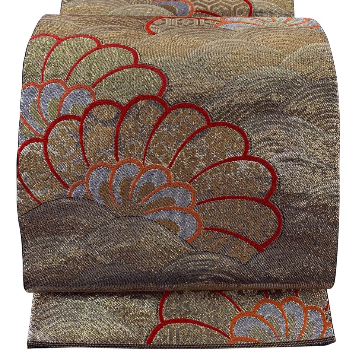 【美品】袋帯　本珊瑚　玉蟲金彩　作家物　六通　落款あり 袋帯 逸品 川島織物 落款あり 本極錦 檜扇 菊 金色 六通 正絹｜中古