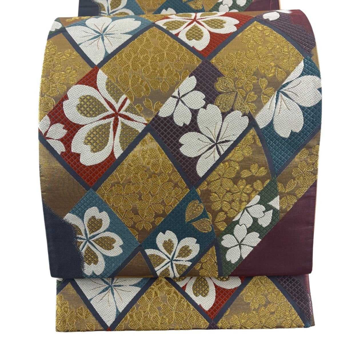 美品】 袋帯 名品 花菱 幾何学模様 金銀糸 箔 銀色 六通 正絹｜中古