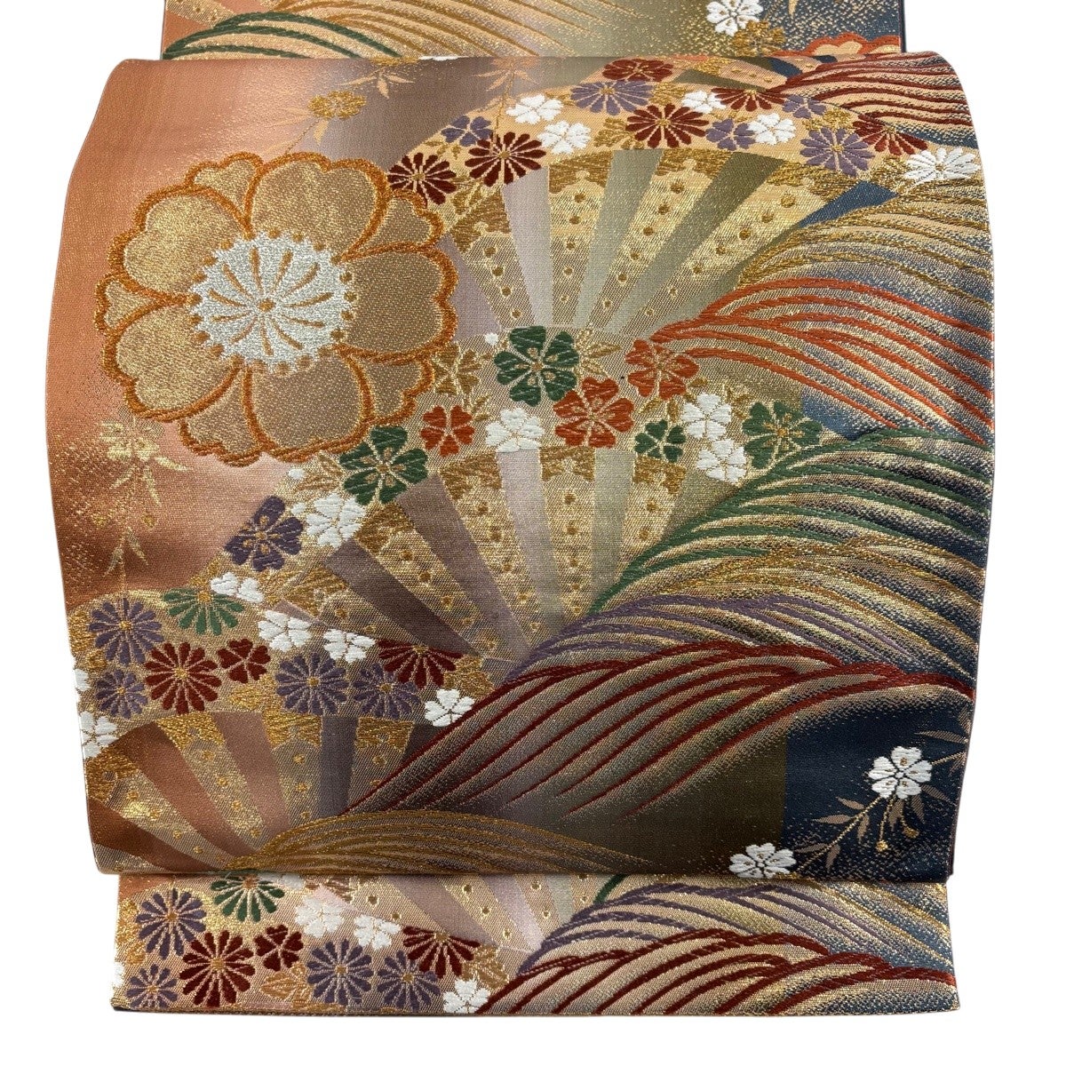 美品】 袋帯 名品 斉藤三才 落款あり 籠目 縞 箔 金糸 灰紫 六通 正絹