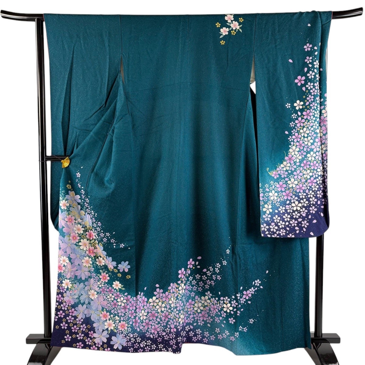 振袖 身丈167.5cm 裄丈68cm L 袷 桜 銀通し 箔 青緑 正絹 名品｜中古